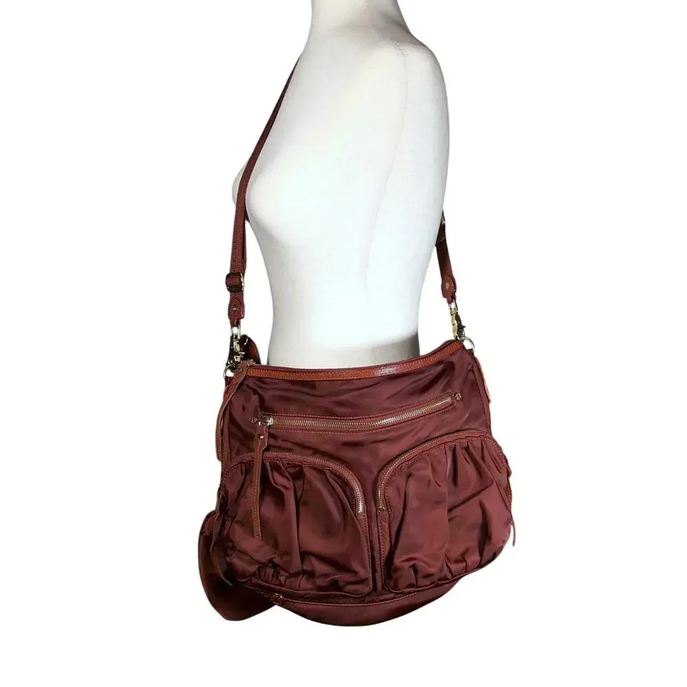 MZ Wallace Nylon Leather Messenger Shoulder Bag Satchel Burgundy with Zip Pouch